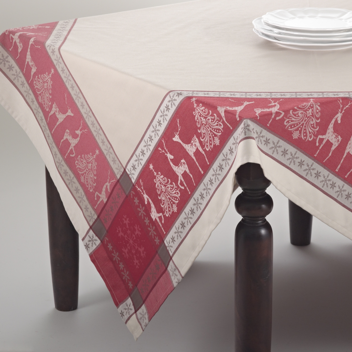 Picture of SARO 6811.R72S 72 in. Square Christmas Reindeer Jacquard Tablecloth - Red &amp; Tan