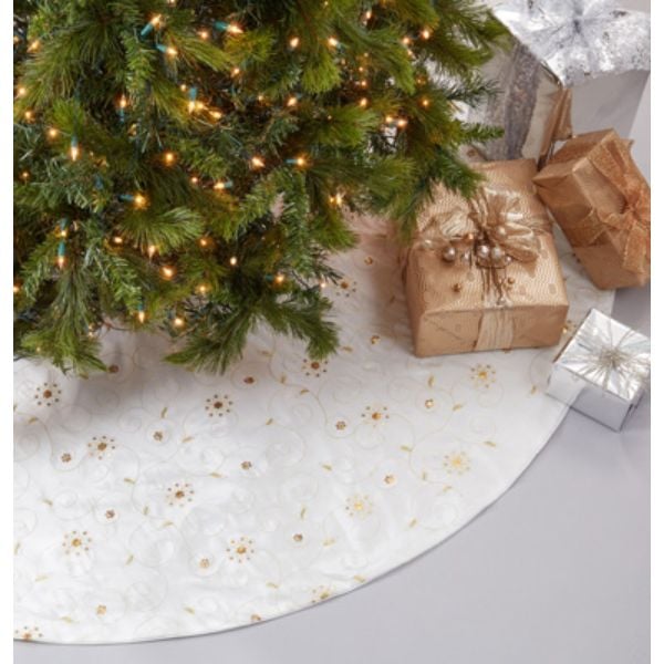 54 in. Round Embroidered & Sequined Design Tree Skirt, Ivory
