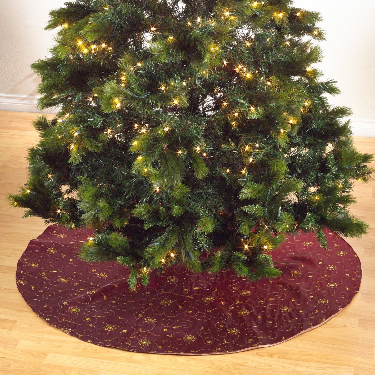 72 in. Embroidered & Sequined Design Tree Skirt, Burgundy