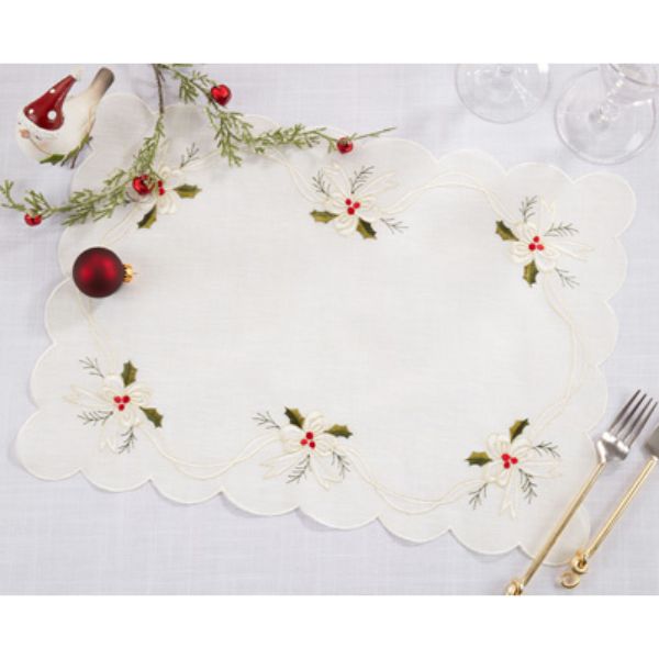 Picture of Saro Lifestyle 4322.W1420B 14 x 20 in. Embroidered Holly & Ribbon Placemats, White - Set of 4