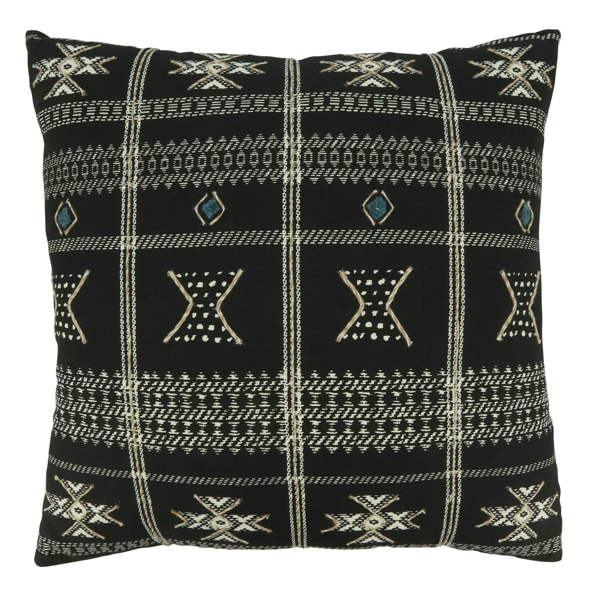 20 in. Embroidered Mudcloth Throw Square Pillow with Poly Filling, Black