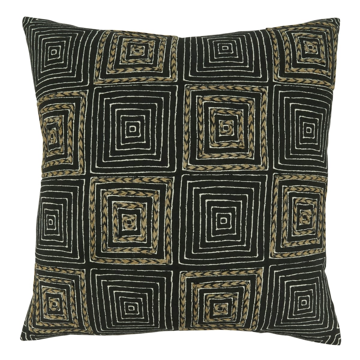 20 in. Embroidered Maze Throw Square Pillow with Poly Filling, Black