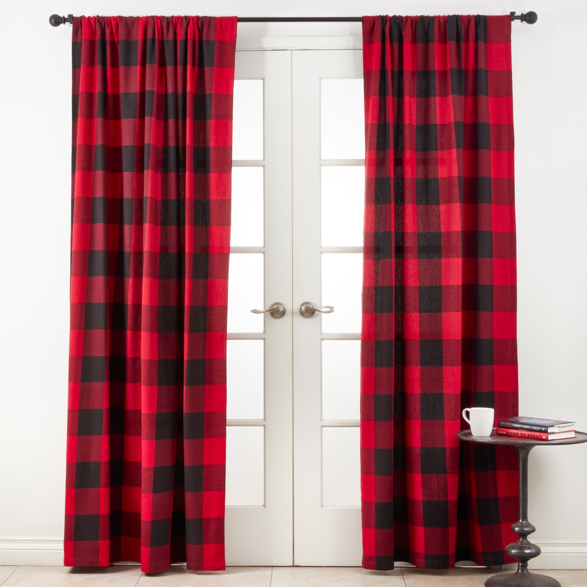 SARO  54 x 84 in. Cotton Buffalo Plaid Curtains - Red