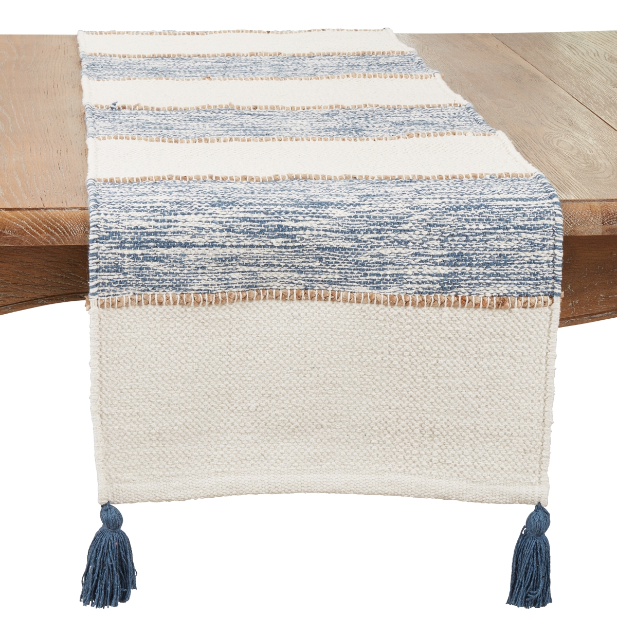 Picture of Saro Lifestyle 5285.NB1672B 16 x 72 in. Striped Oblong Table Runner with Playful Tassels, Navy Blue