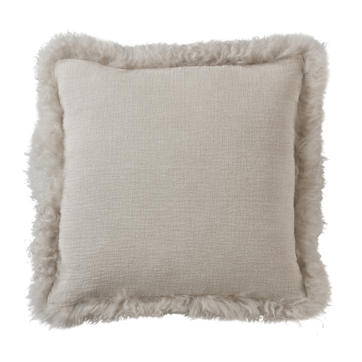 20 in. Luxe Linen Square Poly Filled Throw Pillow with Plush Lamb Fur Border, Grey