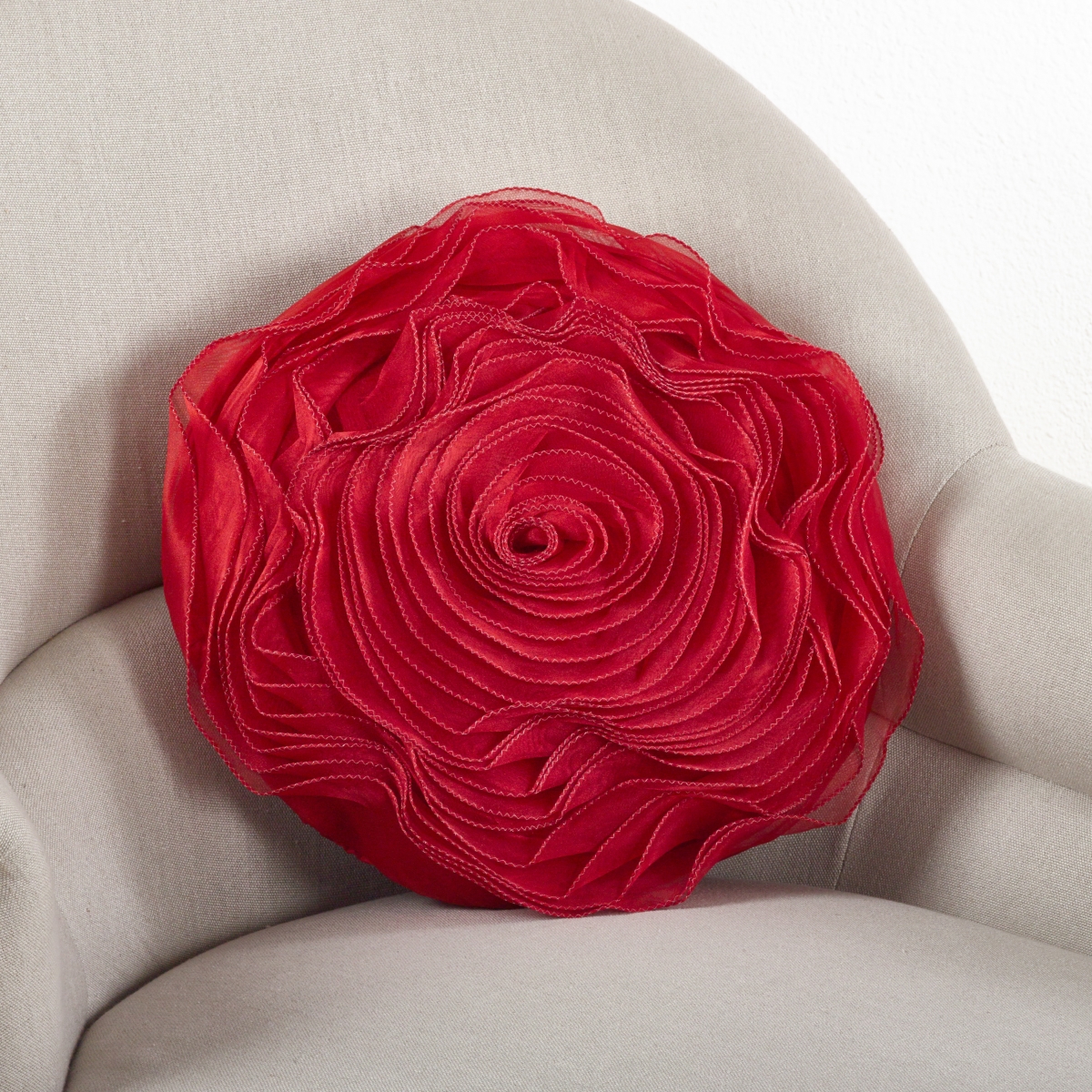 13 in. Rose Design Round Poly Filled Throw Pillow, Red