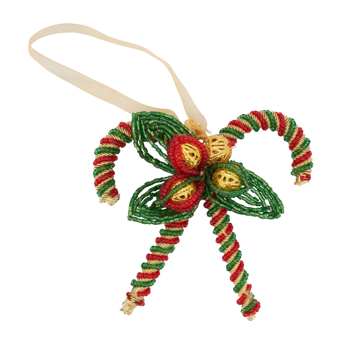 Sweet Sparkle Beaded Candy Cane Ornament, Red & Green