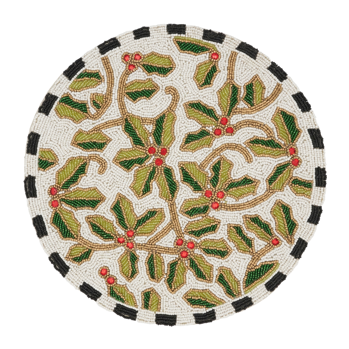 9190.M15R 15 in. Festive Holly Leaves Beaded Round Placemat, Multi Color - Set of 4