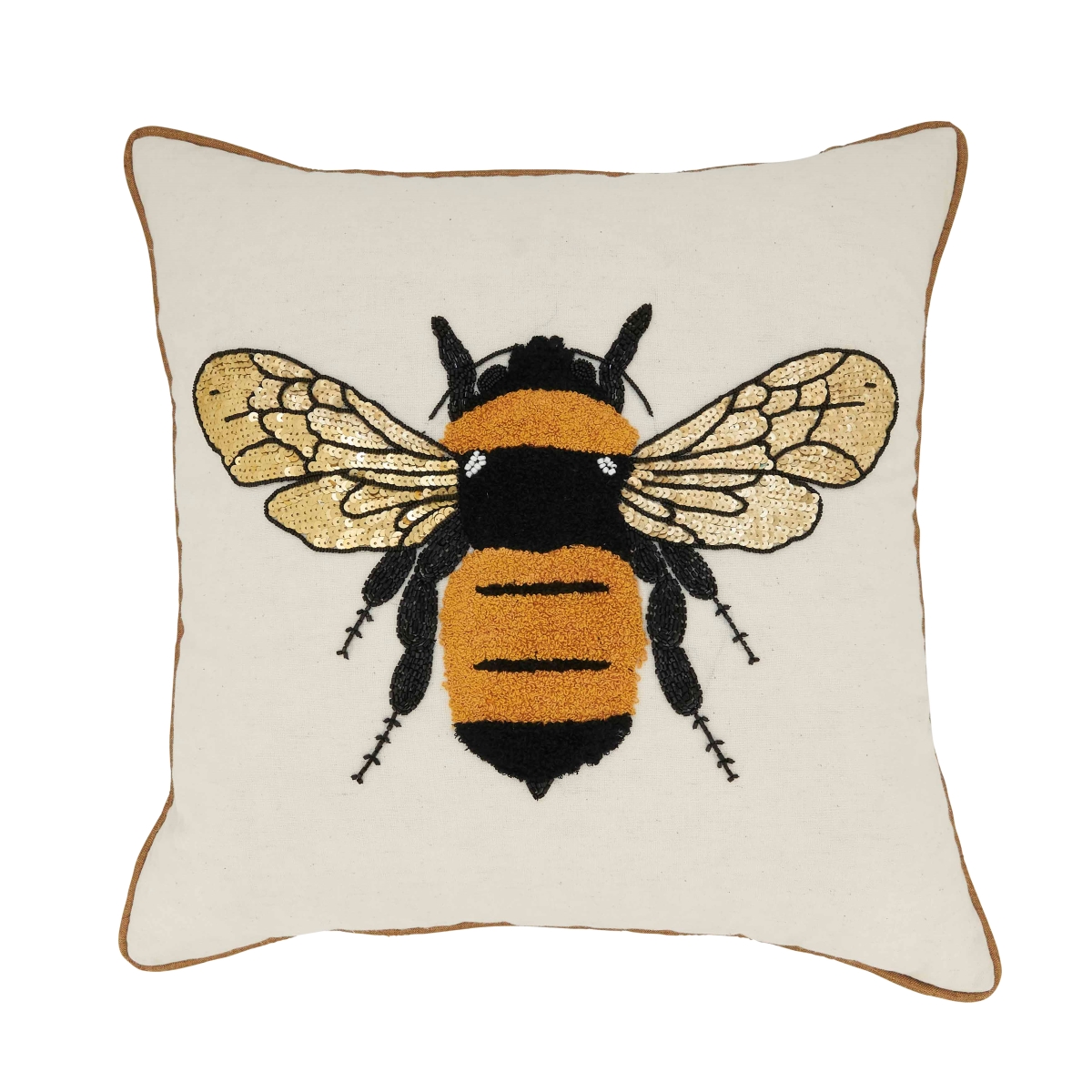 18 in. Buzzing Bumblebee Embroidered Square Poly Filled Throw Pillow, Natural