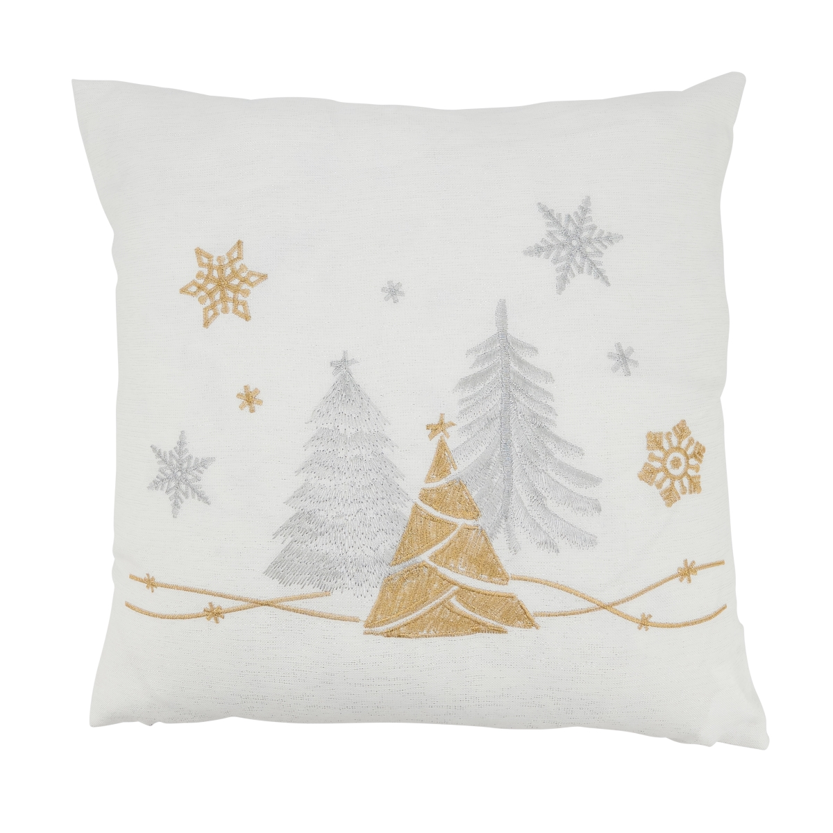 18 in. Festive Flurries Christmas Trees & Snowflakes Square Poly Filled Throw Pillow, White