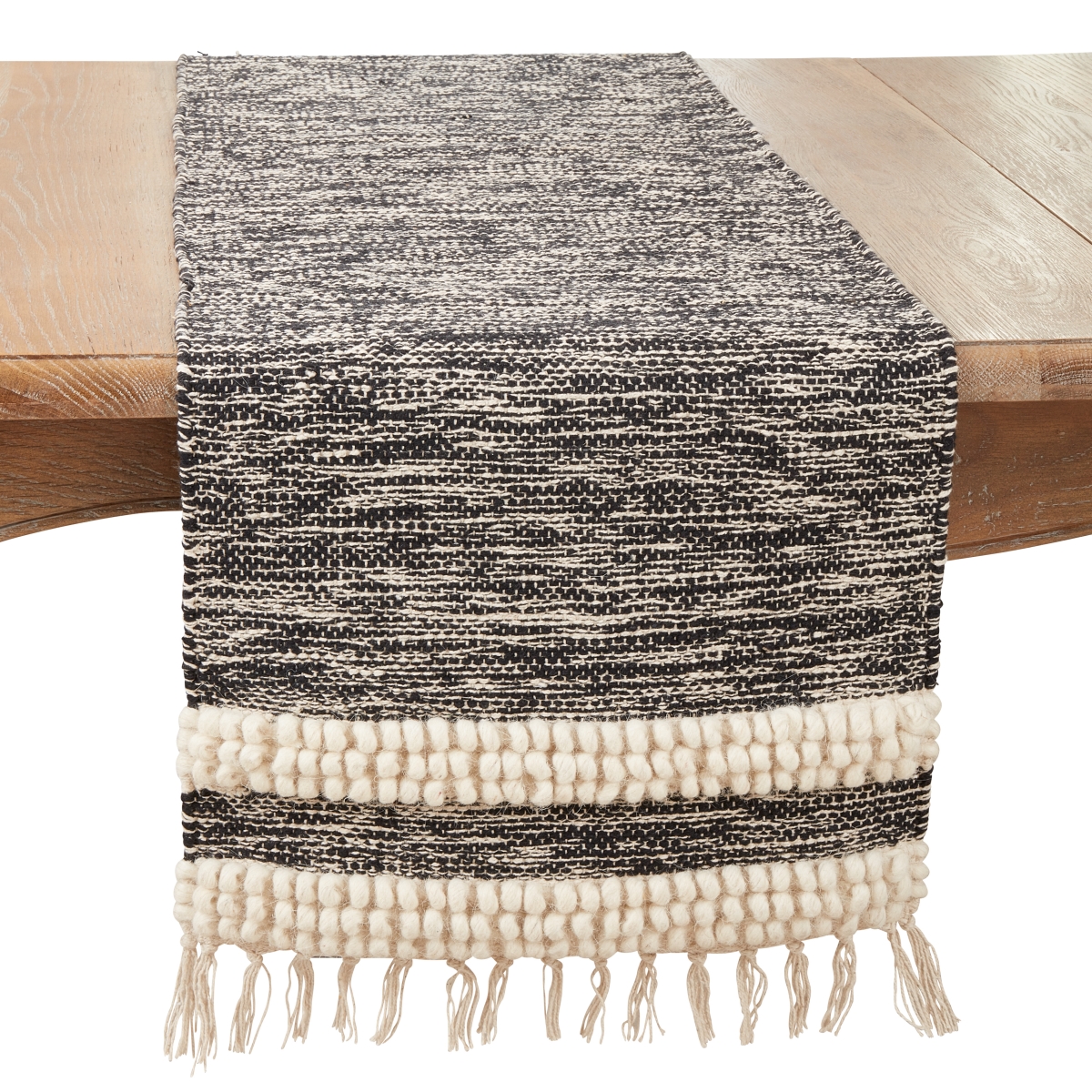 Picture of Saro Lifestyle 1268.BK1672B 16 x 72 in. Boho Fringe Pom Pom Stripe Oblong Table Runner, Black