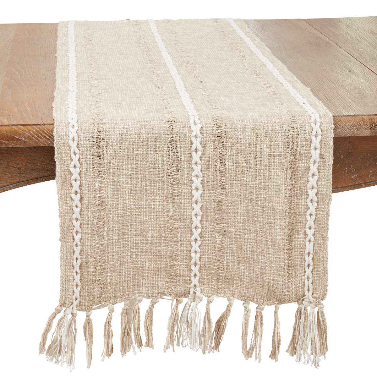 Picture of Saro Lifestyle 739.T1672B 16 x 72 in. Woven Delight Striped Oblong Table Runner with Decorative Fringe, Taupe