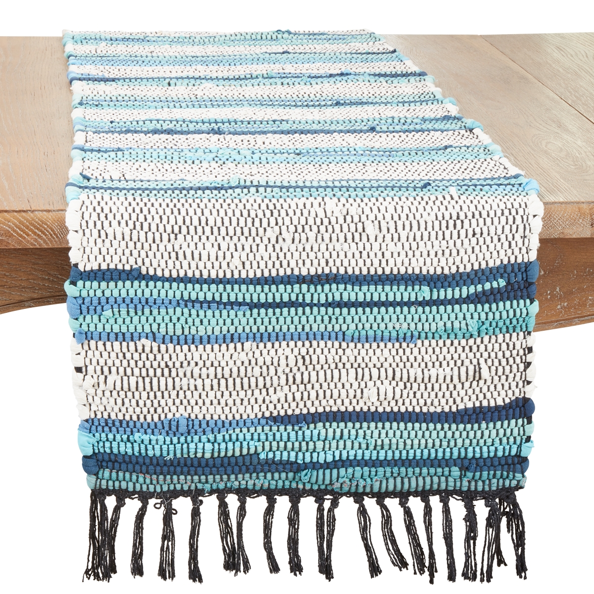 Picture of Saro Lifestyle 667.A1672B 16 x 72 in. Boho Chic Stripe Chindi Oblong Table Runner with Fringe, Aqua