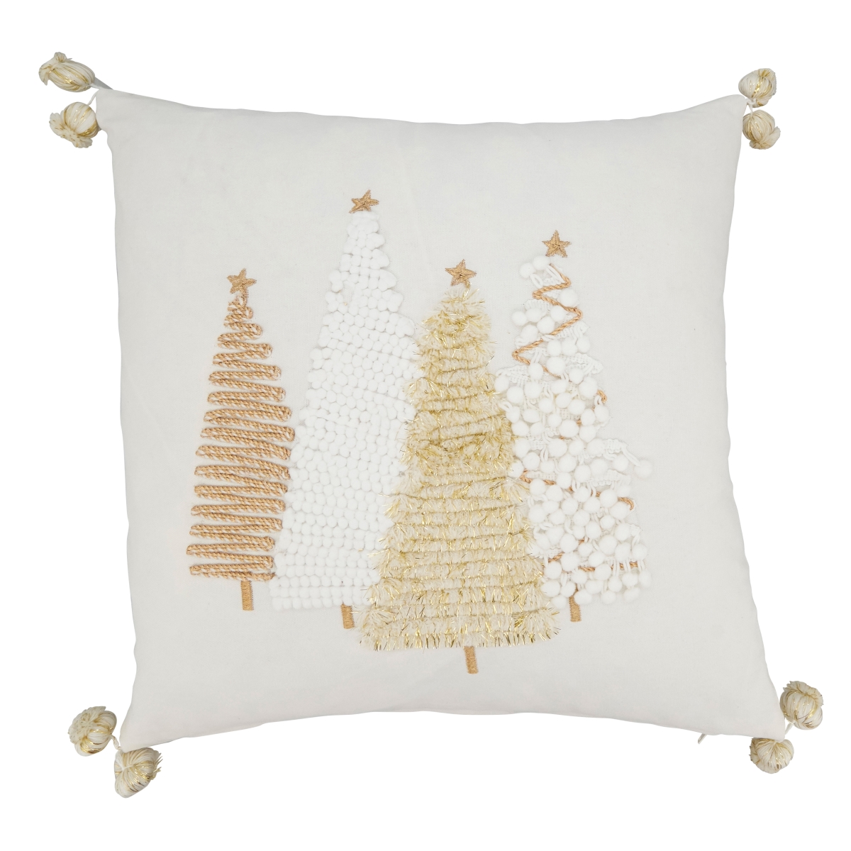 8292.GL18SC 18 in. Holiday Cheer Christmas Trees Square Throw Pillow Cover with Pom-Pom Trim, Gold -  SARO Lifestyle