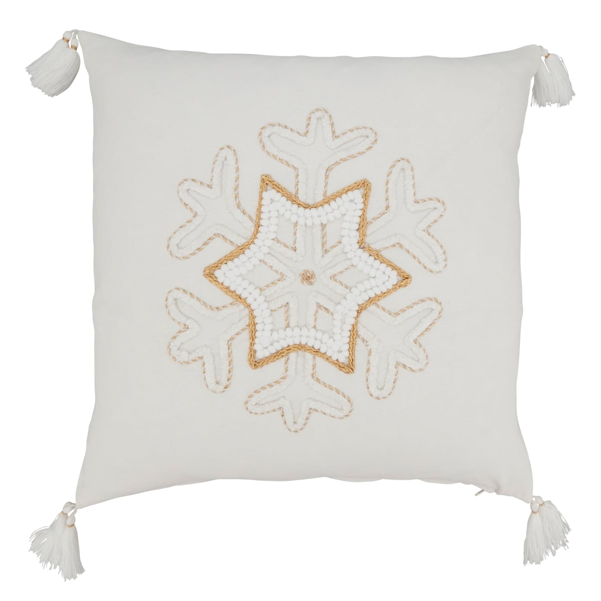 18 in. Winter Whimsy Snowflake Square Down Filled Throw Pillow with Tassels, Gold