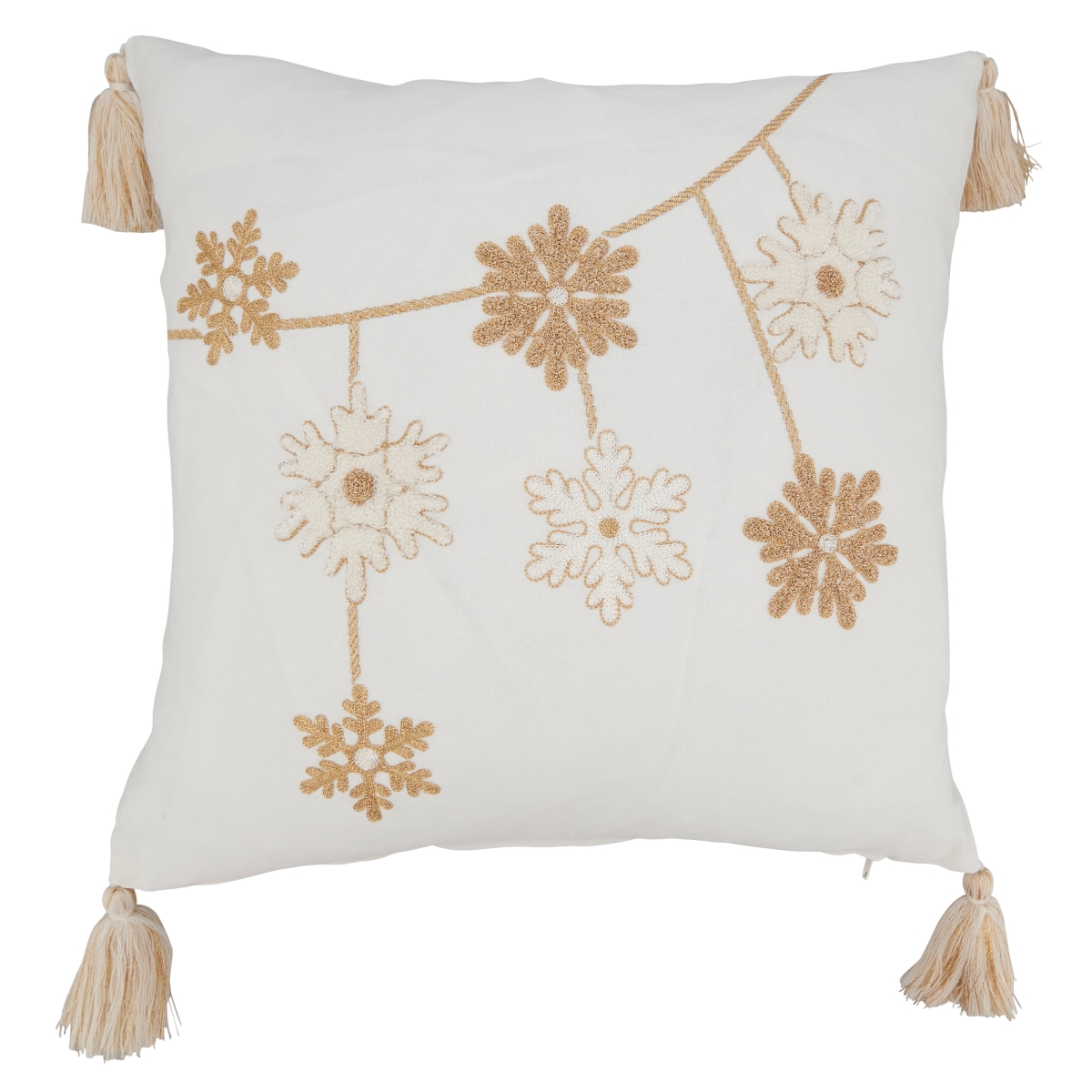 8291.GL18SP 18 in. Snowy Splendor Snowflakes Square Poly Filled Throw Pillow with Tassels, Gold