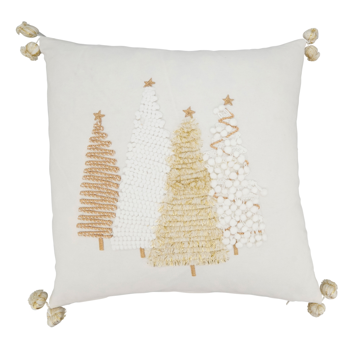 18 in. Holiday Cheer Christmas Trees Square Poly Filled Throw Pillow with Pom-Pom Trim, Gold
