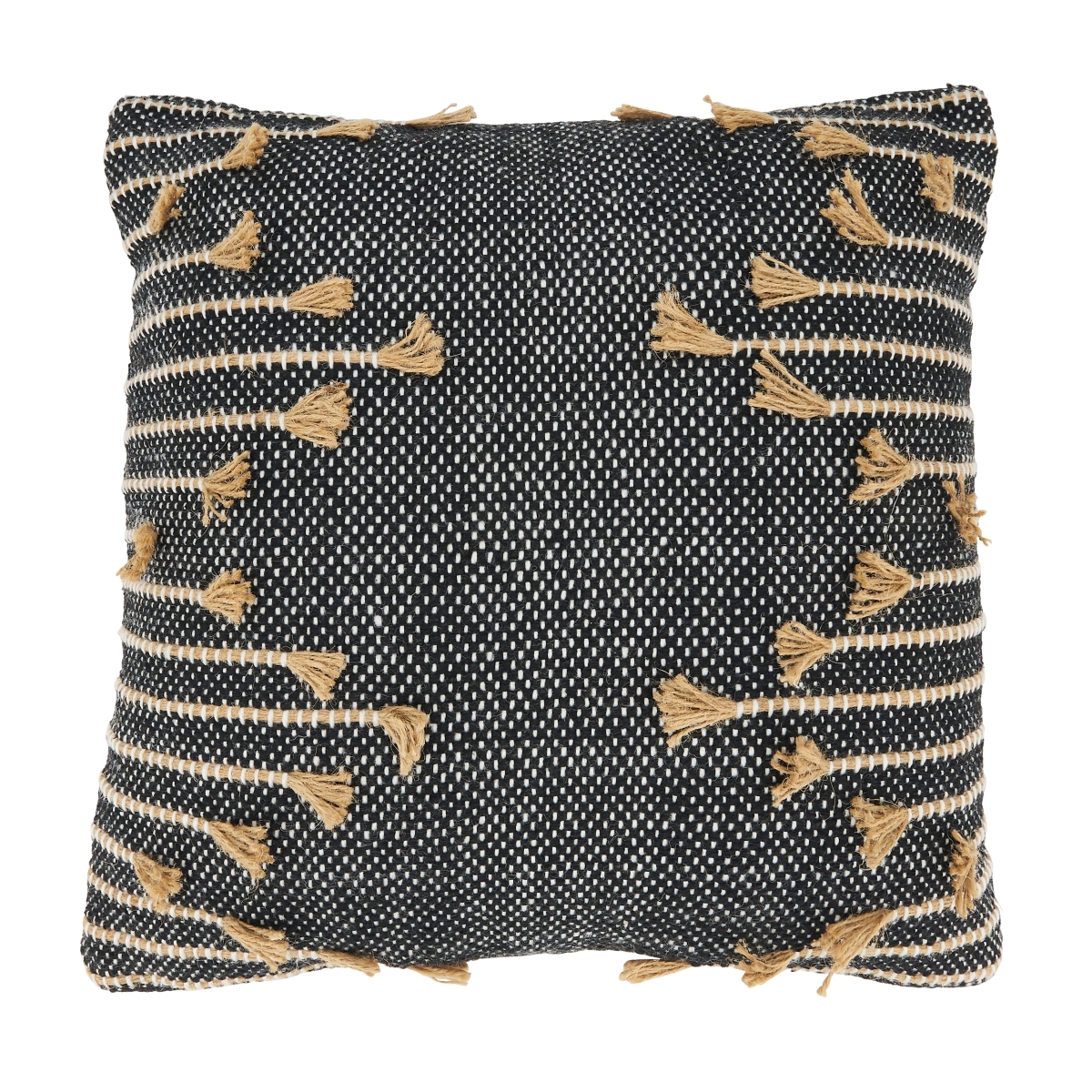 18 in. Handcrafted Whimsy Zig Zag Tassel Square Throw Pillow Cover, Black