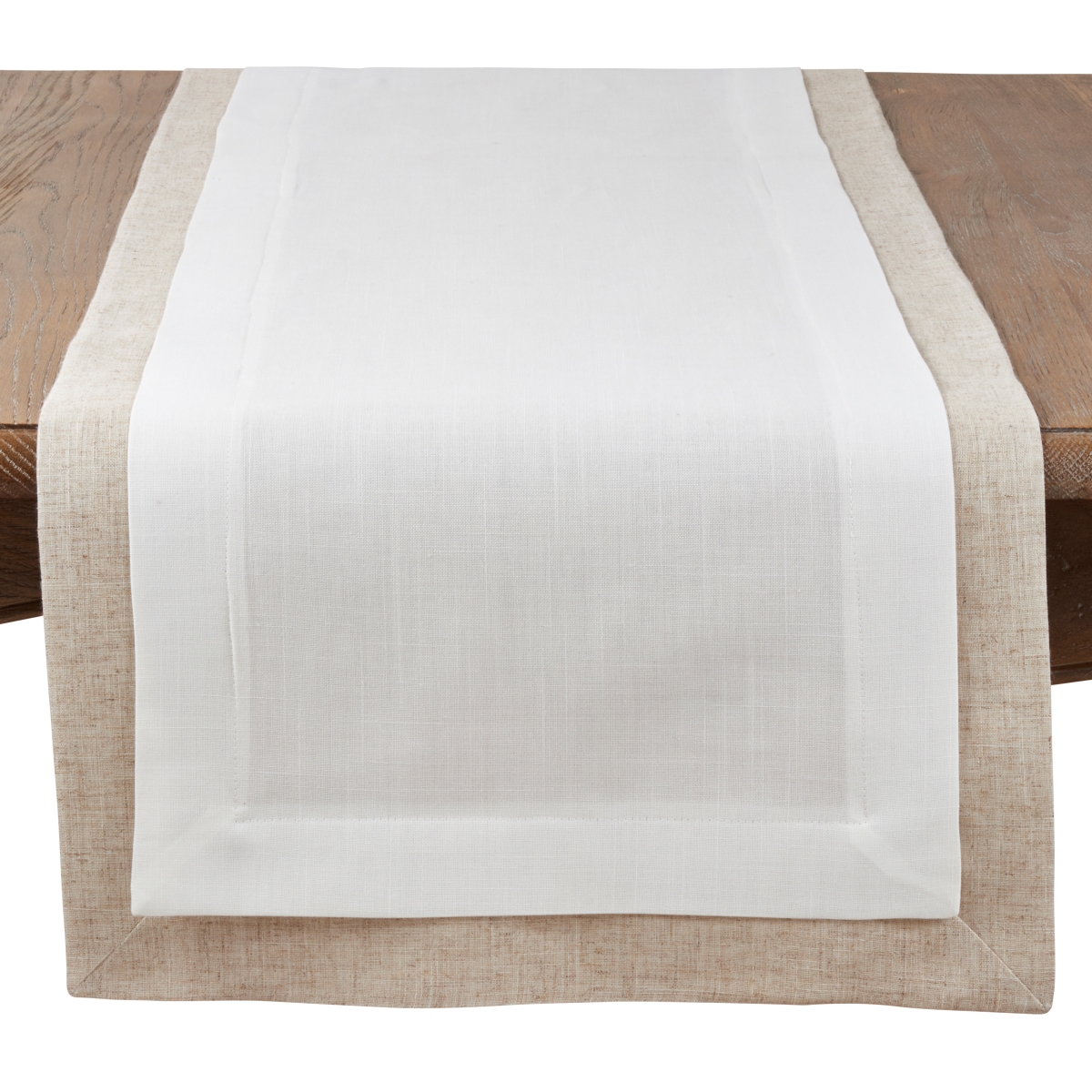 SARO  18 x 72 in. Rectangular Double Layer Table Runner with Thick Border Design - Ivory