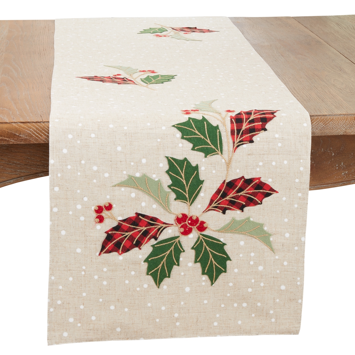 Picture of Saro Lifestyle 6610.N1670B 16 x 70 in. Winter Wonderland Buffalo Plaid Holly Leaves Oblong Table Runner, Natural