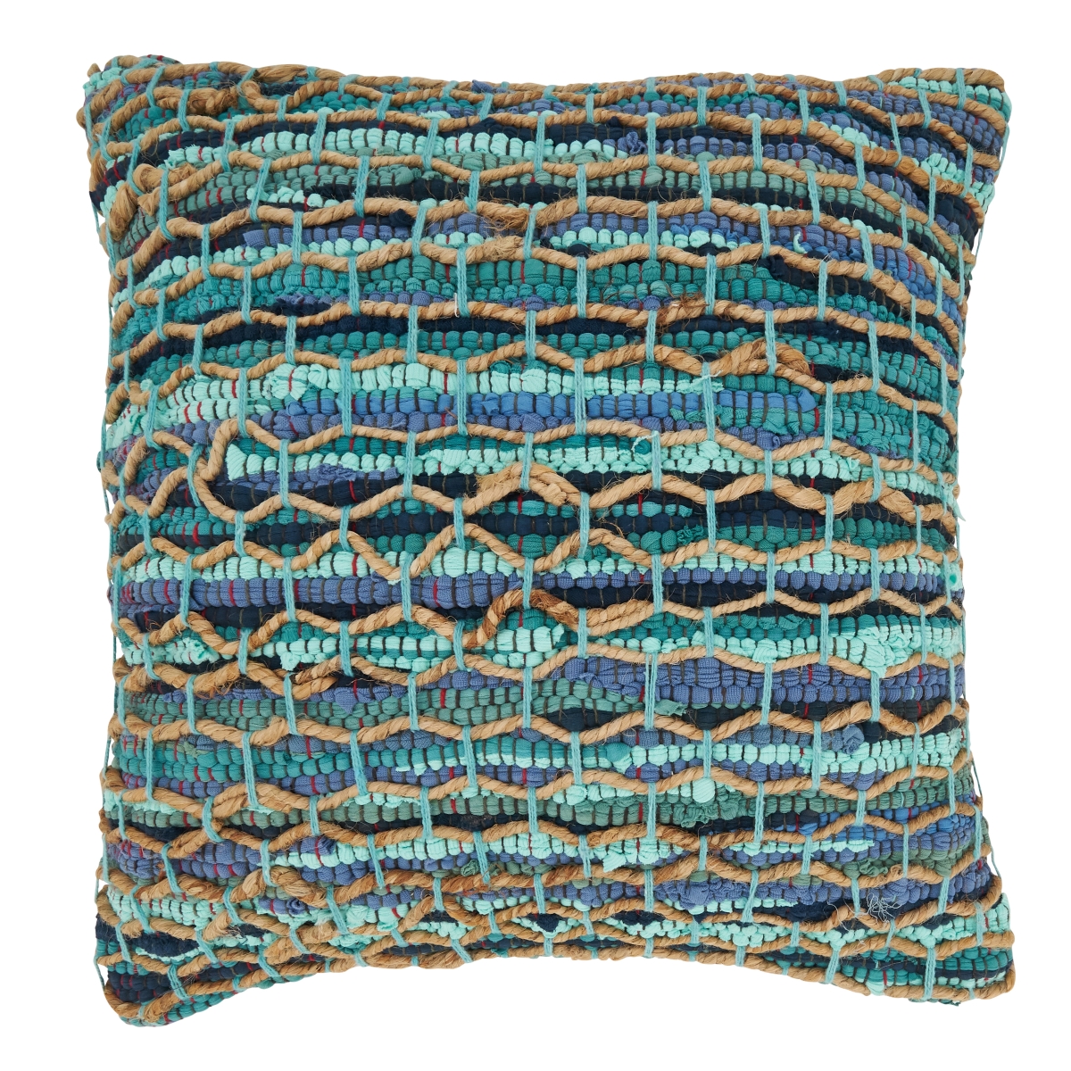 20 in. Handwoven Net Chindi Down Filled Throw Pillow, Aqua