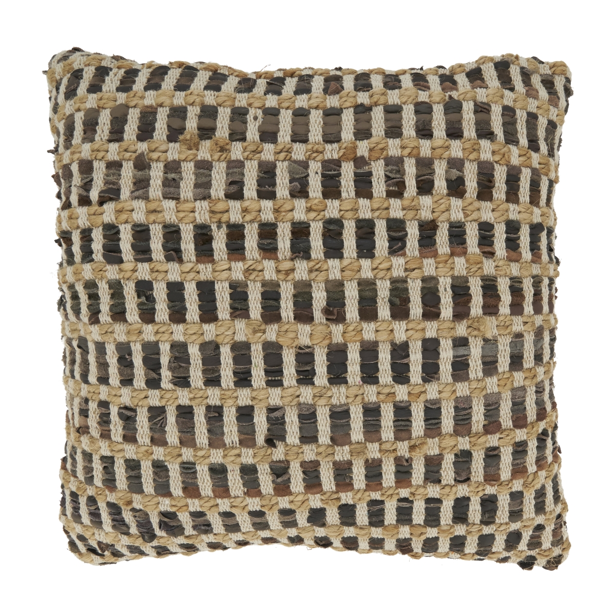20 in. Earthy Leather & Jute Woven Down Filled Throw Pillow, Chocolate