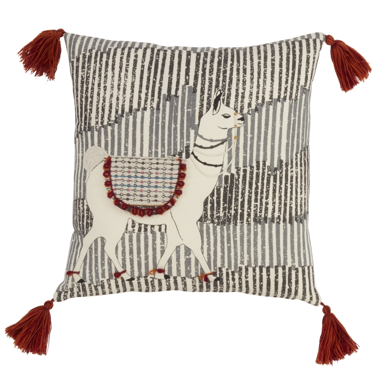 SARO  18 in. Square Down Filled Tasseled Throw Pillow with Llama Design - Multi Color