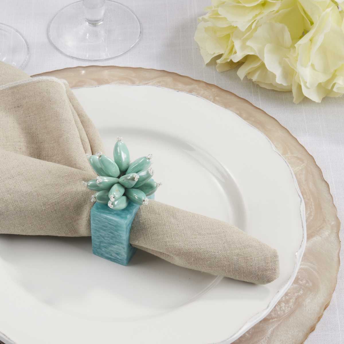 Picture of Saro Lifestyle NR165.A Beaded Enchanted Bloom Resin Napkin Ring, Aqua - Set of 4