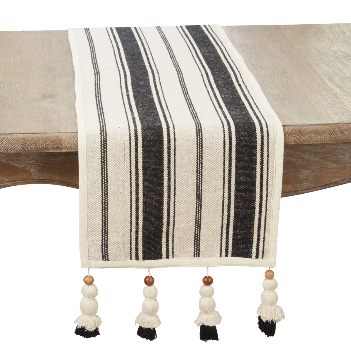 Picture of Saro Lifestyle 8850.BN1372B 13 x 72 in. Wood Bead Tassel Trimmed Stripe Table Runner, Black & Natural