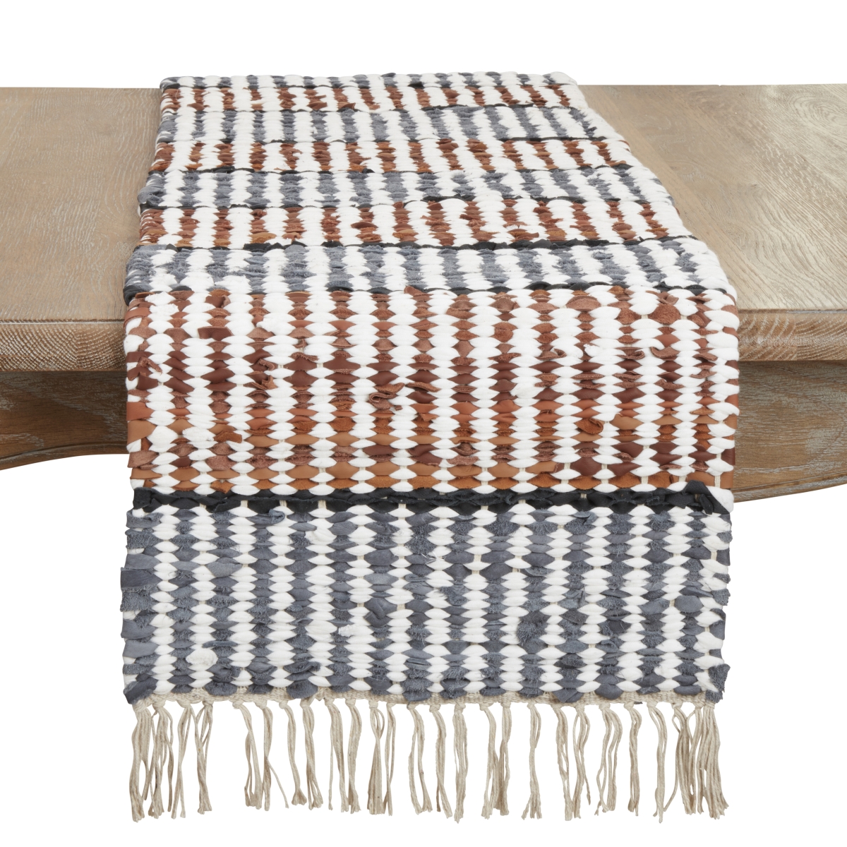 Picture of Saro Lifestyle 8870.M1672B 16 x 72 in. Leather Chindi Stripe Fringed Table Runner, Multi Color