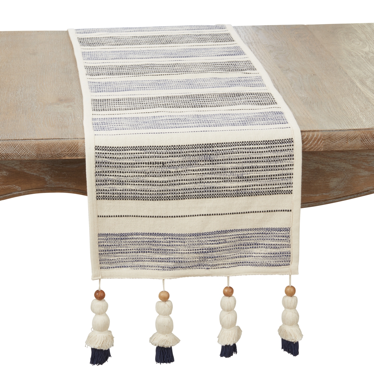 Picture of Saro Lifestyle 884.NB1372B 13 x 72 in. Wooden Beaded Tassel Stripe Table Runner, Navy Blue