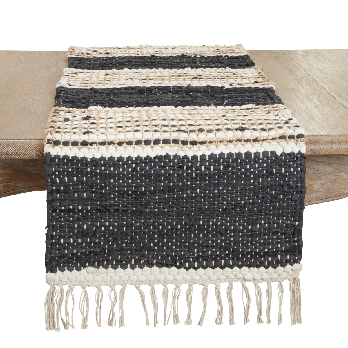 Picture of Saro Lifestyle 879.BN1672B 16 x 72 in. Boho Leather Chindi Fringed Table Runner, Black & Natural