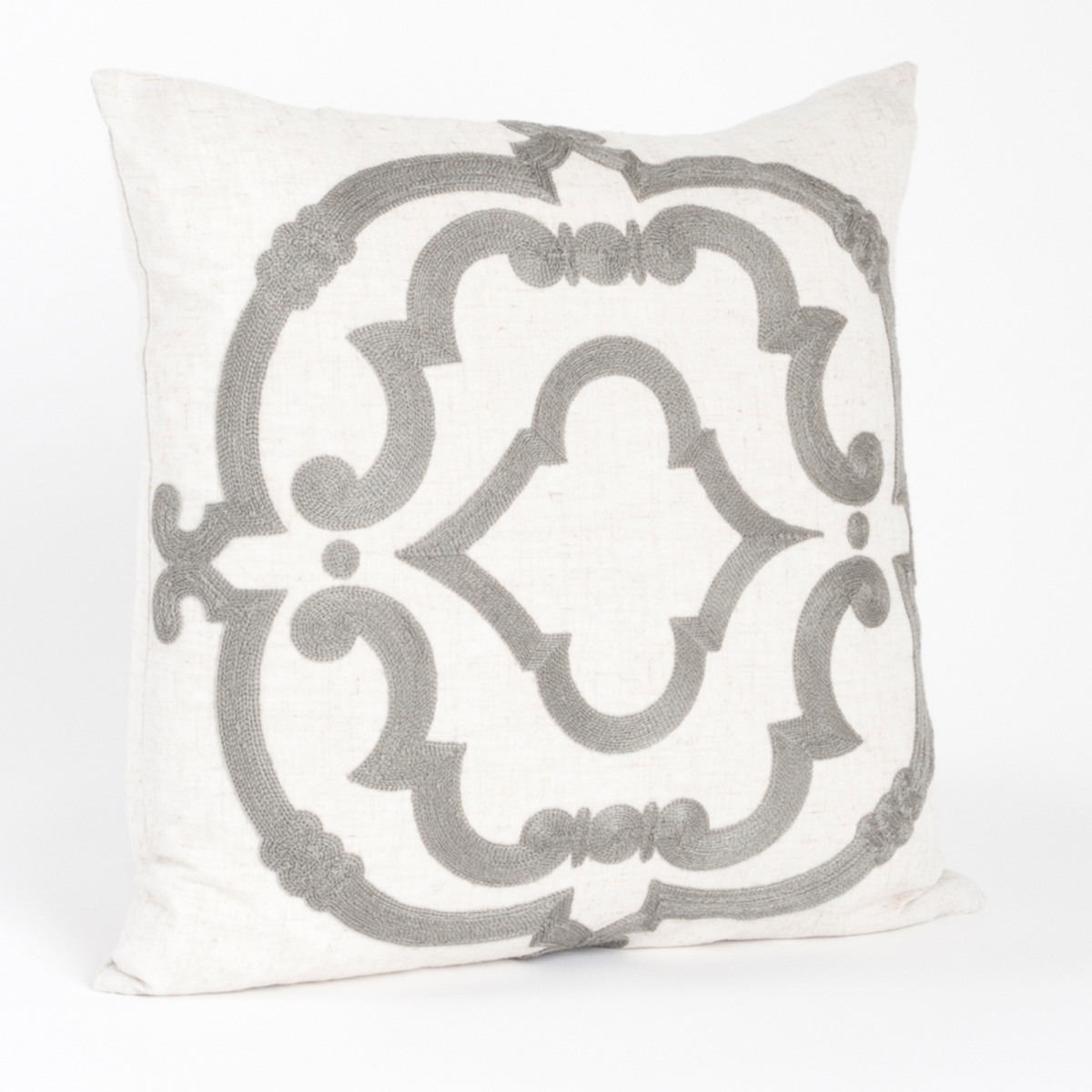 SARO  17 in. Rue Serret Square Embroidered Motif Down Filled Throw Pillow - Grey
