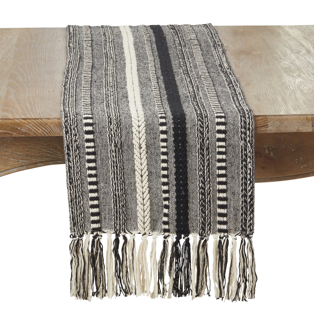 Picture of Saro Lifestyle 9530.BK1472B 14 x 72 in. Fringe Detail Braided Stripe Table Runner, Black