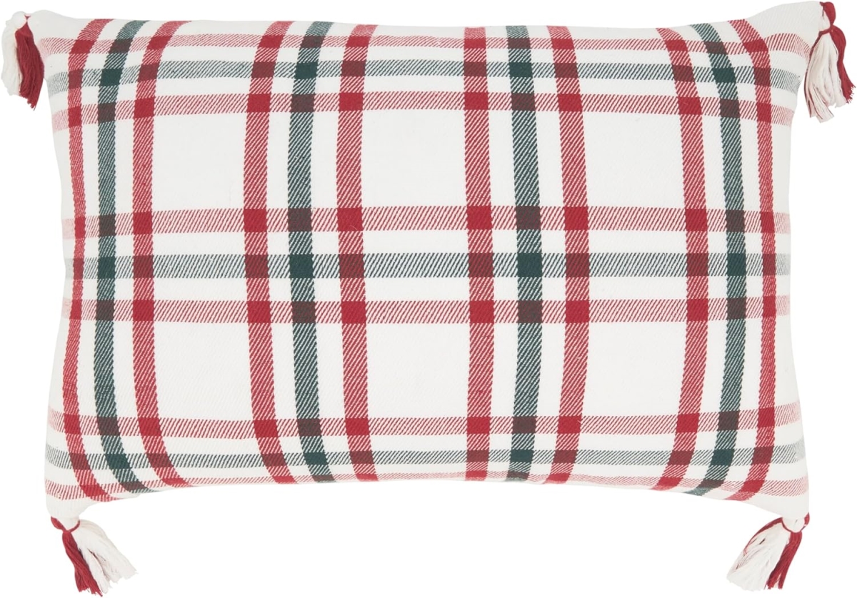 2402.RG1624BD 16 x 24 in. Tasseled Plaid Outdoor Down Filled Rectangular Throw Pillow, Red & Green