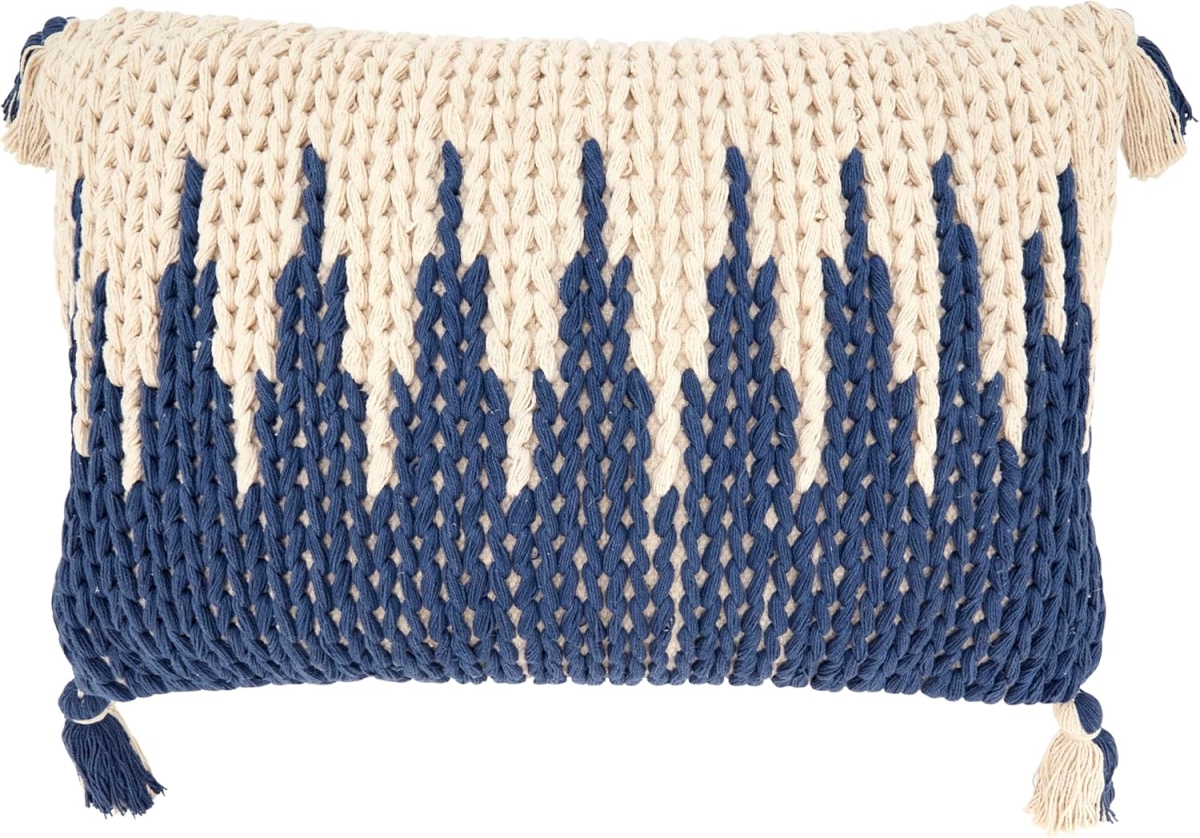 2339.NB1624BD 16 x 24 in. Knitted Zig Zag Fringed Down Filled Rectangular Throw Pillow, Navy Blue