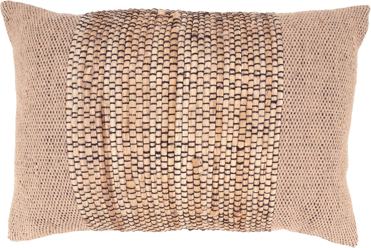 1566.N1624BP 16 x 24 in. Earthy Jute Banded Outdoor Poly Filled Rectangular Throw Pillow, Natural