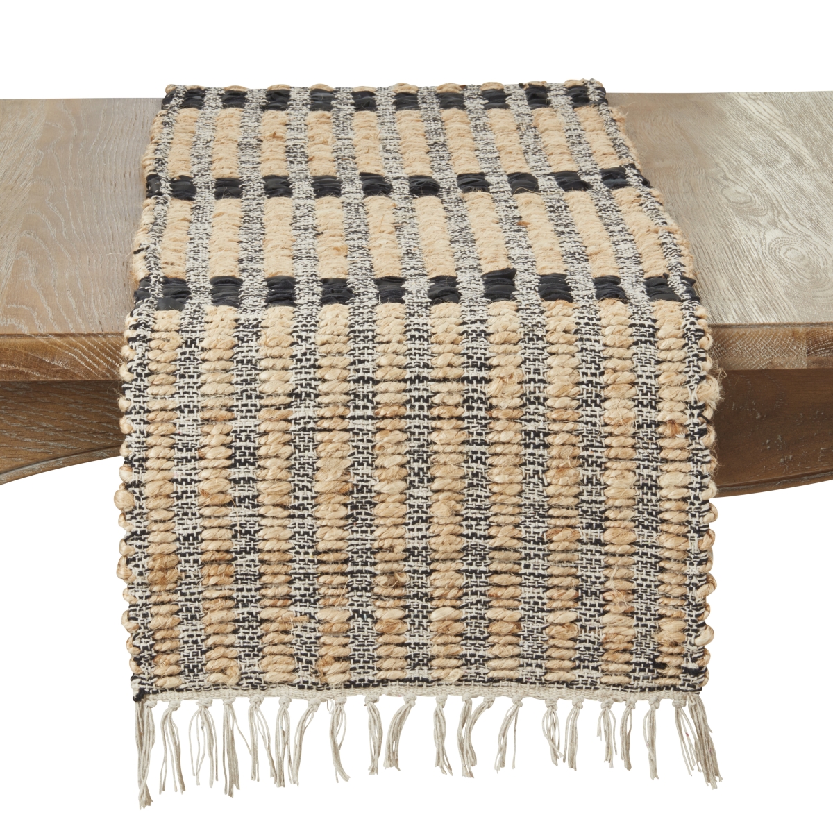 Picture of Saro Lifestyle 982.BN1672B 16 x 72 in. Oblong Textured Bold Stripe Fringe Table Runner, Black & Natural