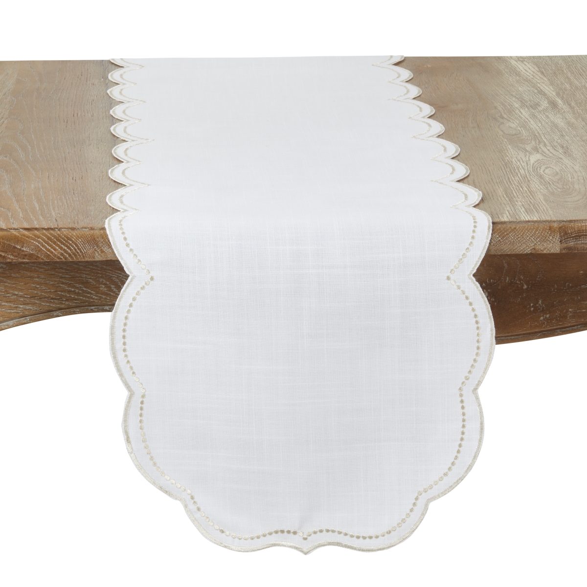 Picture of Saro Lifestyle 2857.CH1670B 16 x 70 in. Champagne Embroidered Polka Dot Table Runner with Scallop Edge, White