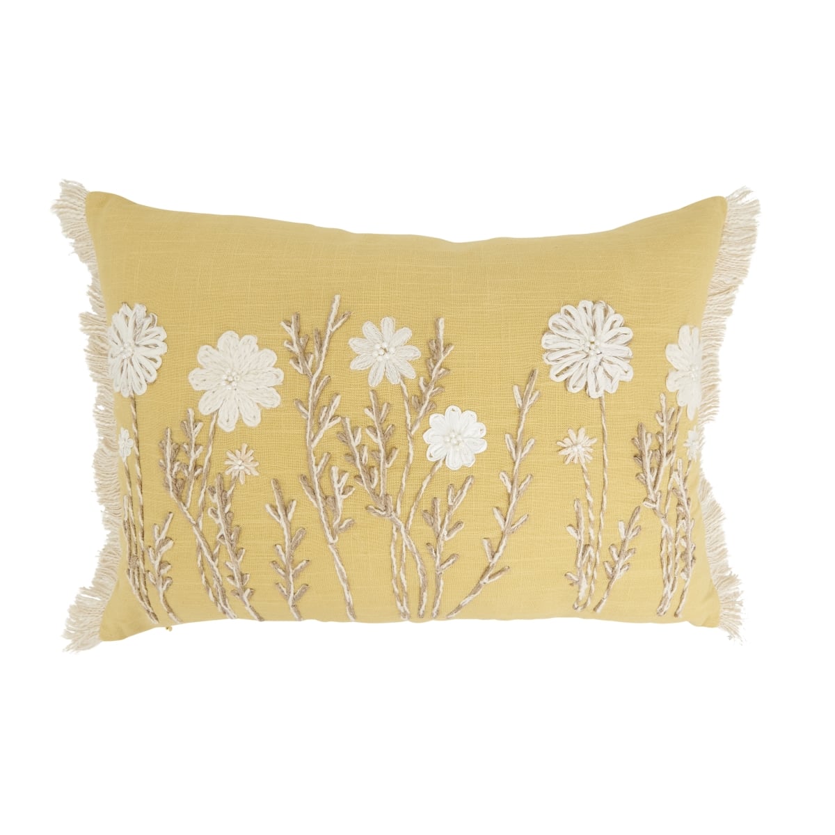 Delicate Embroidered Floral Poly Filled Pillow - Yellow