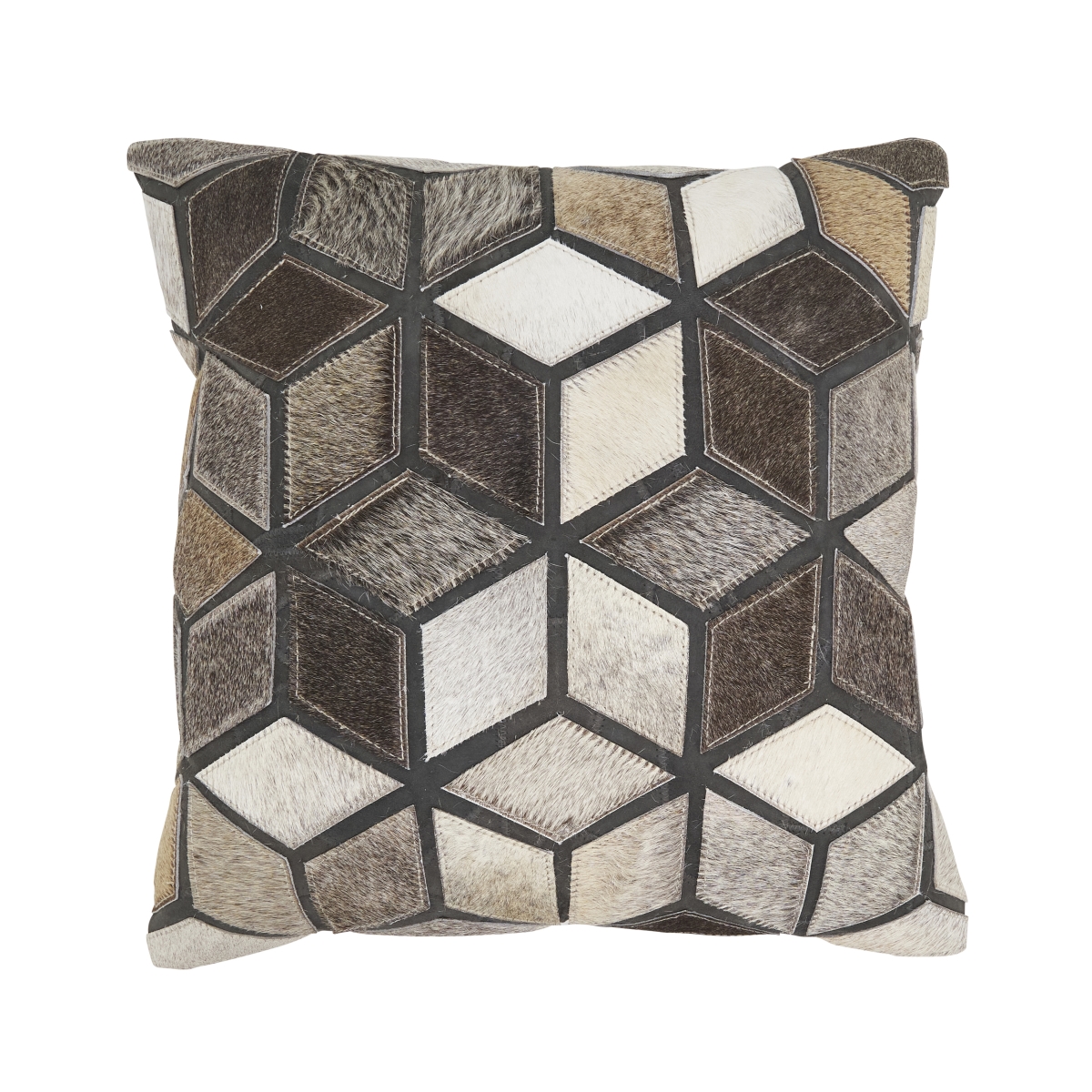 3051.GY16SD Diamond Patchwork Hair On Leather Down Filled Pillow - Gray