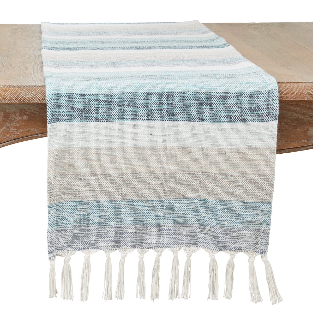 Picture of Saro Lifestyle 3721.A16120B Fringed Stripe Table Runner - Aqua - 16 x 120 in.
