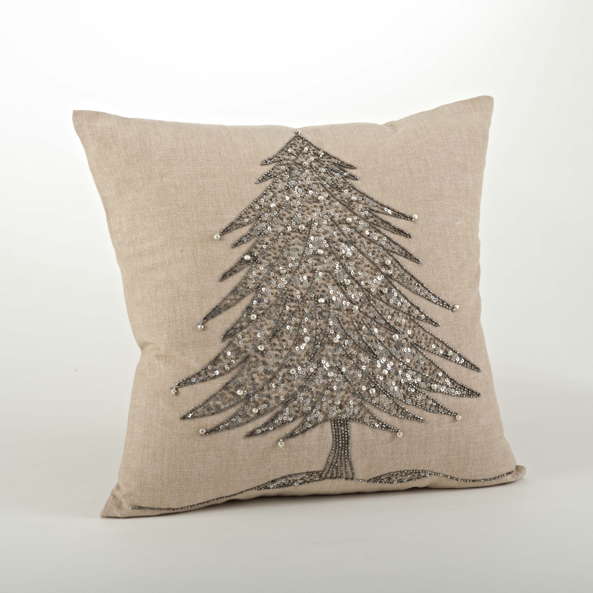 SARO  18 in. Beaded Xmas Tree Design Pillow  Silver