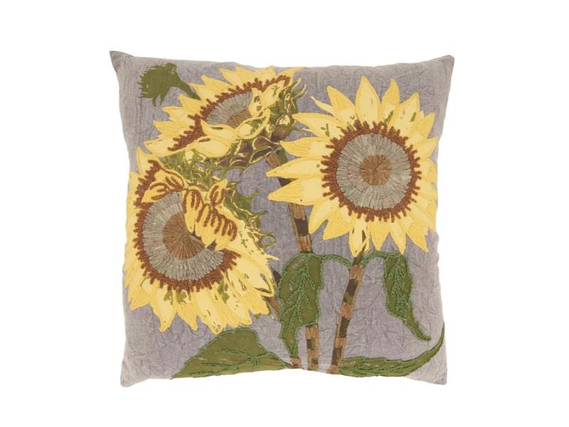 Embroidered Sunflower Throw Pillow - Grey - 20 x 20 in. - Cotton Fill - Zipper Closure