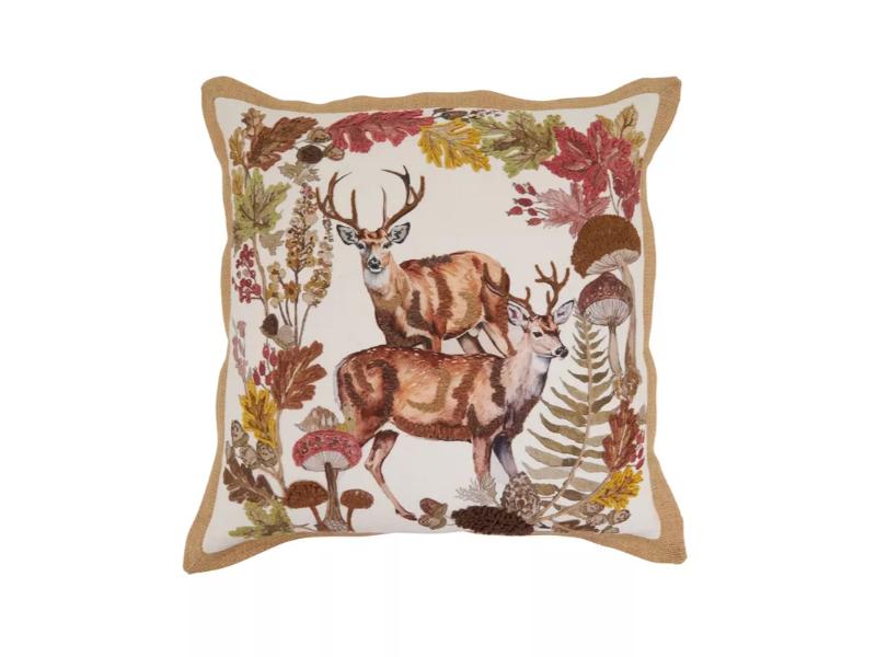Embroidered Deer Throw Pillow - Multi Color - 20 x 20 in. - Down Filled