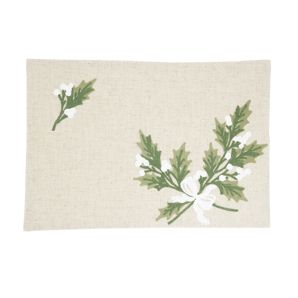 5601.N1319B 13 x 19 in. Oblong Linen Blend Holly Leaves Placemat, Natural - Set of 4