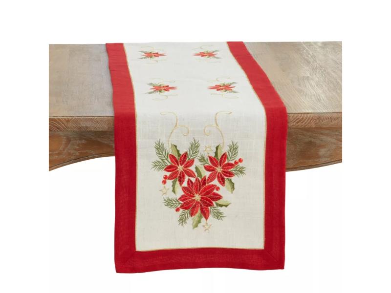 Picture of Saro Lifestyle 2723.N1672B 72 x 16 in. Linen Blend Embroidered Poinsettia Rectangle Table Runner, Natural