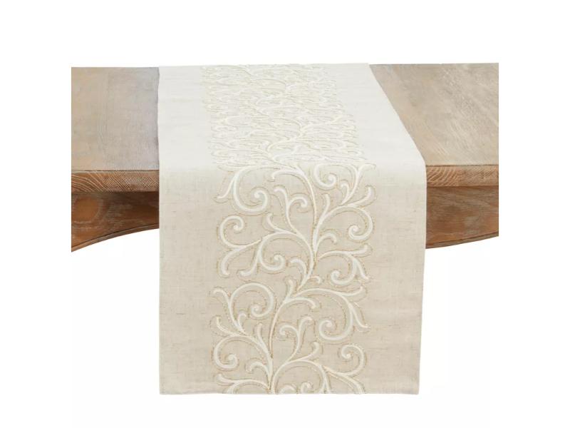 Picture of Saro Lifestyle 391.N1670B 70 x 16 in. Linen Blend Embroidered Scroll Rectangle Table Runner, Natural