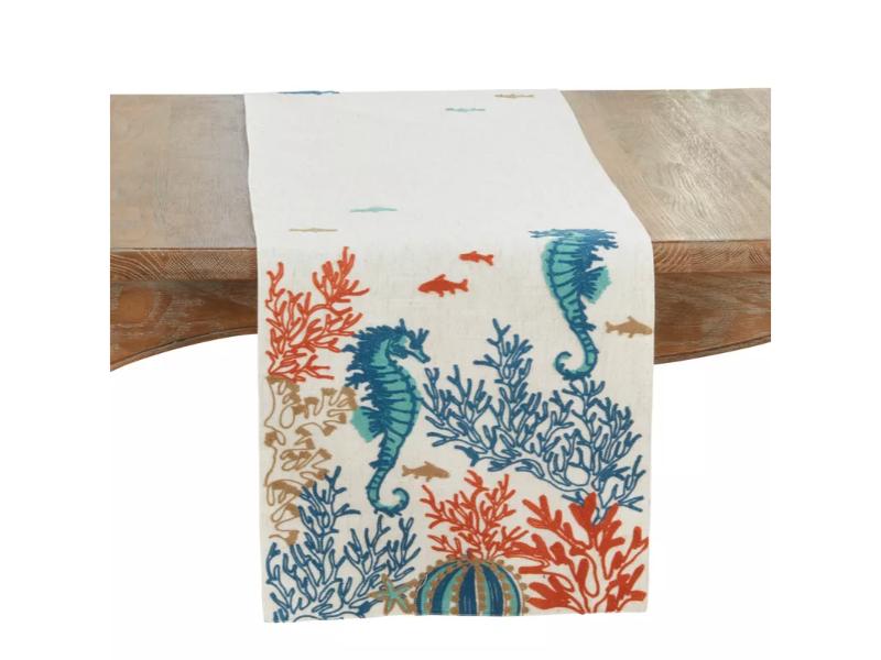Picture of Saro Lifestyle 366.M1670B 70 x 16 in. Linen Blend Sea Horse & Coral Rectangle Table Runner, Multi Color