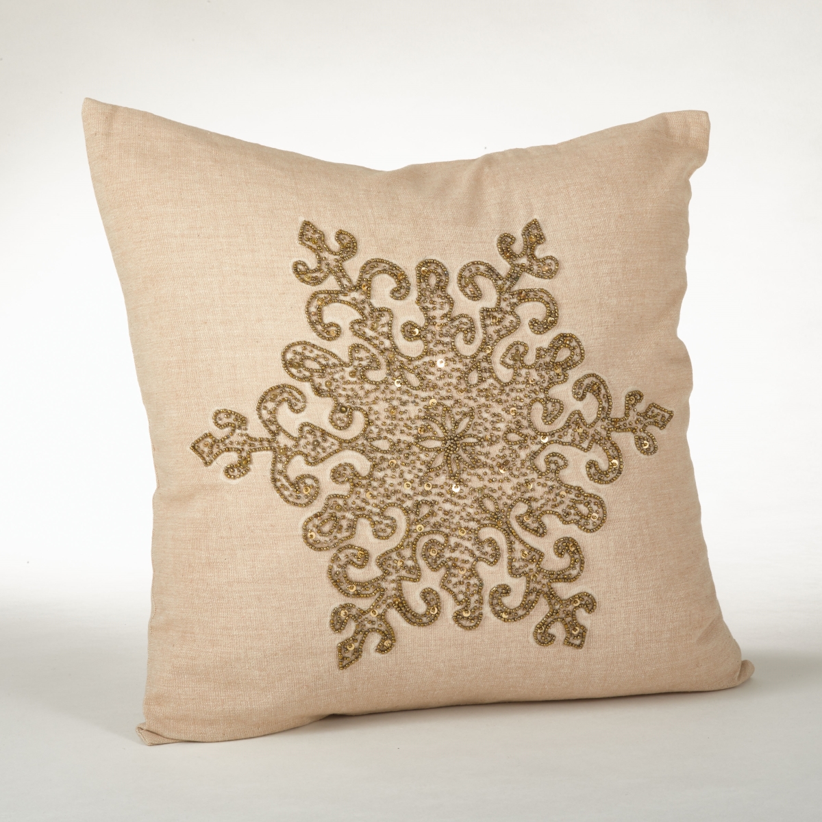 SARO  18 in. Square Snowflake Design Feather Filled Beaded Pillow - Bronze